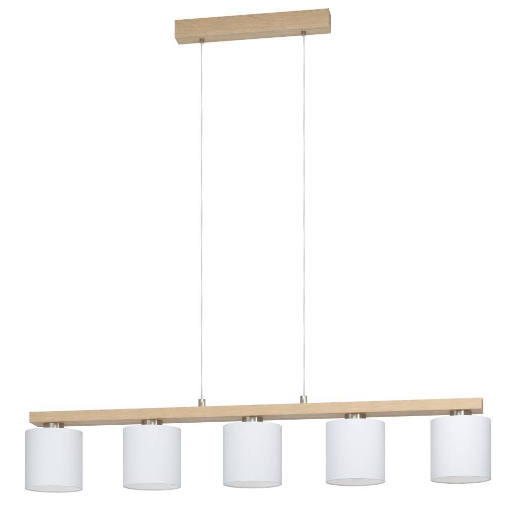 ILUMINAT - Lustra EGLO Castralvo 98591 E27 5X28W 220-240V,50/60Hz L 1210mm x l 150mm x H 1100mm otel/lemn maro/nichel satinat tesatura alba IP20