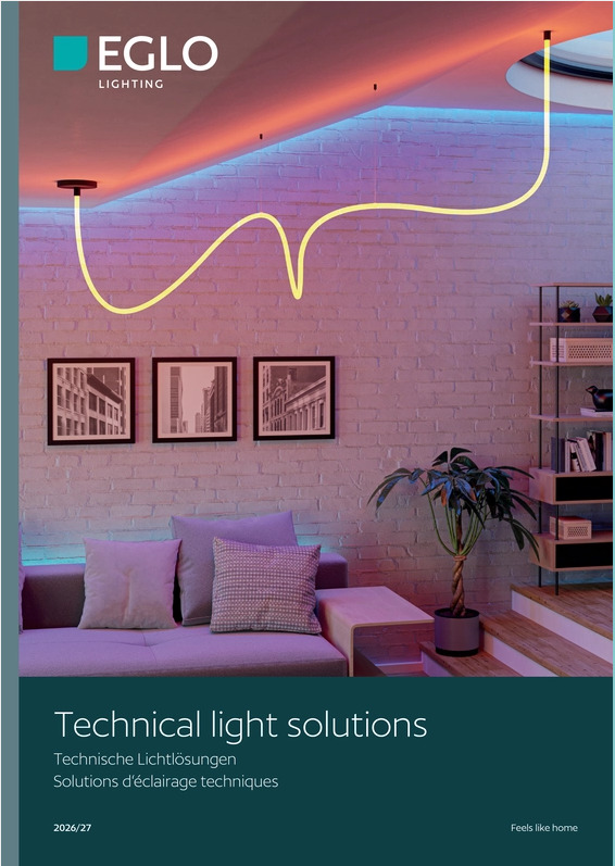 EGLO Lighting brochure cover: a living room with a neon yellow wavy ceiling light on a brick wall, sofa and plant, with a teal band reading 'Technical light solutions' on the bottom.