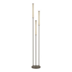 Three slim floor lamps of varying heights with beige rectangular shades on dark brown stems, mounted on a circular base.