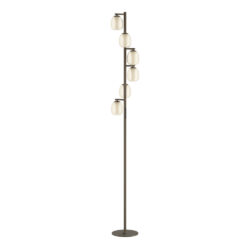 Tall bronze floor lamp with multiple cream glass globe shades along one side and a round base.