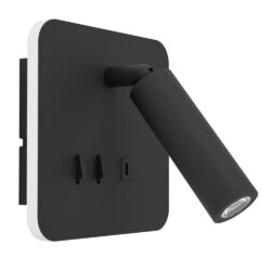 Black wall-mounted adjustable spotlight on a matte square backplate with two switches on the plate