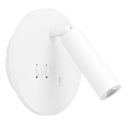 White round wall plate with an adjustable cylindrical spotlight projecting from the side, a modern minimalist wall lamp.