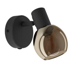 Black wall sconce with a round backplate and an amber glass shade. Silhouette shows a modern black fixture and brown-tinted bulb cover.