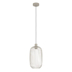 Beige pendant light with an open vertical metal cage shade hanging from a black cord.