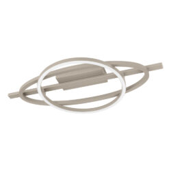 Modern circular ring pendant light with overlapping beige rings for a minimalist ceiling fixture.