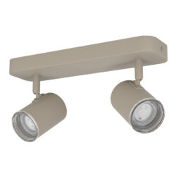 Ceiling-mounted dual spotlight fixture with two adjustable cylindrical lights on a rectangular bar