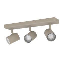 Three-bulb ceiling track light with adjustable spotlights in a beige finish on a rectangular bar