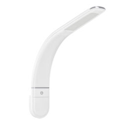 White curved LED desk lamp with a flat rectangular head and a touch power button near the base.