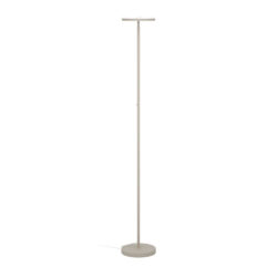 Beige floor lamp with a round base and slim vertical pole, topped by a small horizontal light fixture shelf area.