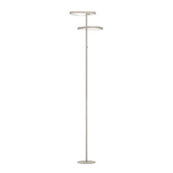 Tall modern floor lamp with two circular Shelves near the top on a slim vertical pole