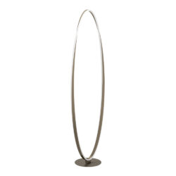 Tall circular floor lamp with a metallic ring standing on a round base, minimalist design