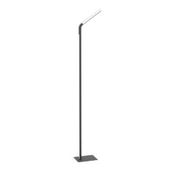 Tall modern outdoor street lamp with a slim dark pole and angled rectangular LED head, mounted on a square base