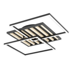 Modern square ceiling light with overlapping frames and wood slats for a contemporary look.