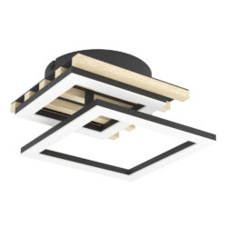 Modern square ceiling light with nested white frames and wood accents attached to a round mount.