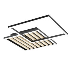 Modern square ceiling light: layered rectangular frames with wood slat panels for ambient illumination.