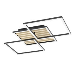 Geometric ceiling light fixture with interlocking square frames and wood accents