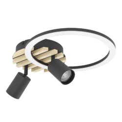 Circular ring ceiling light with two adjustable black spotlights mounted on a wooden slat base, modern design for interiors.