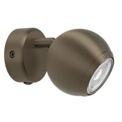 Bronze outdoor wall-mounted spotlight with an adjustable round head and clear lens