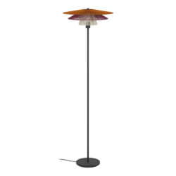 Tall black floor lamp with three stacked orange, purple, and cream shades atop a slender pole and round base, cord along the floor.