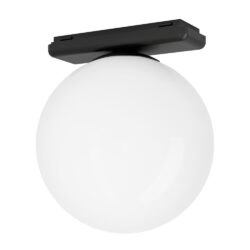 White glass globe ceiling light with a black rectangular mounting bracket on top (modern ambient fixture)
