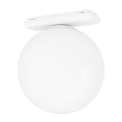 White spherical ceiling light fixture mounted on a rectangular track-style mount.