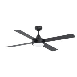 Black ceiling fan with four blades and a built-in light, mounted on a ceiling fixture in a modern design.