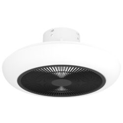 Round white ceiling fan with a black, vented center grille.