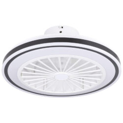 Round white circular ceiling fan with radial blades mounted on the ceiling.
