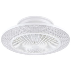 White circular ceiling fan with a built-in light and decorative textured outer ring, mounted on the ceiling.