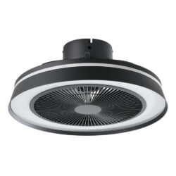 Circular ceiling fan with radial blades inside a black housing and a white outer ring