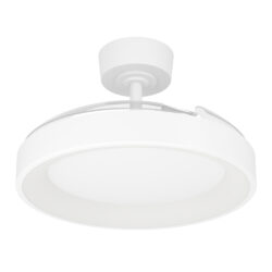 White circular ceiling light fixture with a drum-shaped shade mounted to the ceiling by a short stem, seen from below.