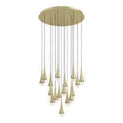 Gold multi-pendant chandelier with many teardrop-shaped lights hanging at different heights from a round ceiling plate.
