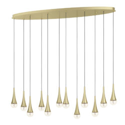 Gold multi-pendant chandelier with twelve slender stems and teardrop bulbs hanging from a curved ceiling mount.
