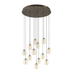 Modern multi-pendant chandelier with many glass globes hanging at different lengths from a circular ceiling plate.