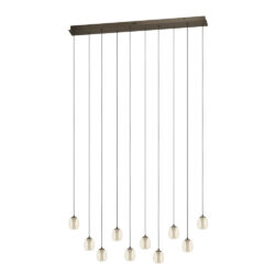 Rectangular brown ceiling mount with twelve black cords and cream glass pendant bulbs hung at varying heights.