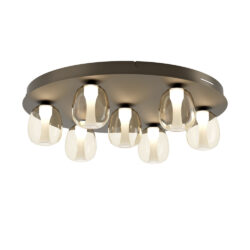 Round ceiling light fixture with eight glass globe bulbs emitting warm white light on a circular metal base.