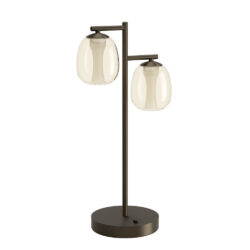 Dark bronze table lamp with two glass globe shades on a vertical stem and round base, modern dual-light design