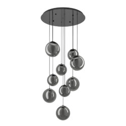 Modern chandelier with multiple smoky-gray glass spheres hanging at different heights from a round ceiling canopy.