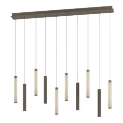 Modern multi-pendant chandelier with cylindrical frosted lamps hanging at different lengths from a rectangular ceiling plate in bronze/brown.