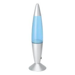 Blue lava lamp with silver cap and base on a white background, standing upright.