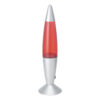 Rocket-shaped lava lamp with a red liquid-filled center and silver cone cap and base on a white background
