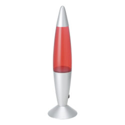 Rocket-shaped lava lamp with a red liquid-filled center and silver cone cap and base on a white background