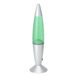 Green lava lamp with a silver base and cap on a white background.