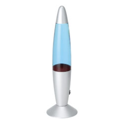 Blue lava lamp with a silver base and cap on a white background. (decor item)