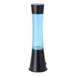 Blue lava lamp with a black base and cap, glowing blue liquid in the curved tube.