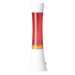Tall lava lamp with red wax and orange liquid inside a white base on a white background.