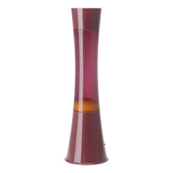 Purple lava lamp with orange lava blobs glowing inside, standing on a white background.
