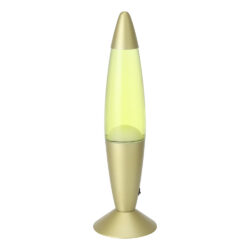 Gold lava lamp with yellow wax inside, standing on a matching gold base and cap