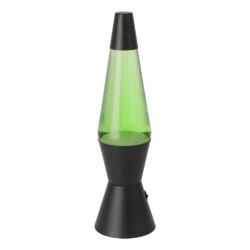 Green lava lamp with a black base and cap on a white background, semi-liquid motion inside the glass.