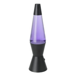Purple lava lamp with a black base and cap, glowing purple liquid inside the glass bulb against a white background.